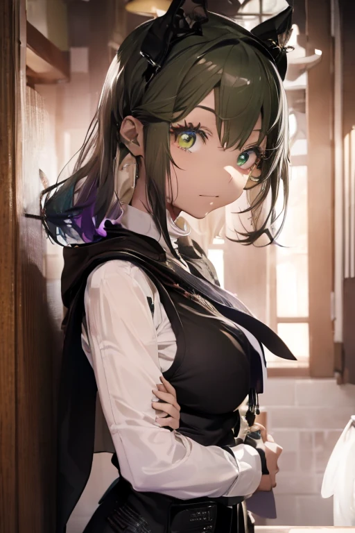 1 woman, black robe, radiant green eyes, white hair,anime, realistic,Black head covering,ultra detail