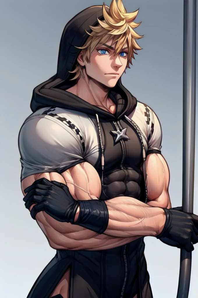 best quality, alone, mature male focus, meeting, Khroxas, White jacket, short sleeves, Hose, black robe, hood, black gloves, (extremely muscular)), (, muscular legs , muscular arms, Muscular upper body, muscular abdominal muscles , muscular shoulders,), Full-shot