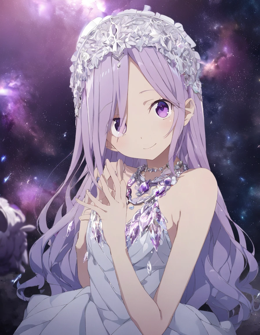 Best Quality, (Extremely detailed:1.2), Mastepiece, Fine details, Extremely detailed wallpaper, (It is high resolution.:1.2), (Extremely detailed CG unity 8k wallpaper), (illustration:1.3), (Medium Full Shot), (Full Body:1.3), \[(Solo), (One girl), Standing in the middle of a giant (Magic Circle:1.2), Long purple hair, Straight Hair, (Hair above one eye:1.Urupurueyes, Beautiful eyes, Beautiful Eyes, Clean face, Beautiful expression, Silver headdress, Light blue revealing dress, Crystal Necklace, A shy smile (In space:1.2), Sacred, A starry sky,Dark purple hair　Purple eyes　Accurate Fingers
