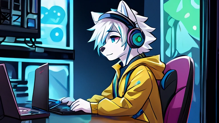 arctic fox, mascle, yellow jacket, moss green cap, the eyes, sitting on an economical chair, using gamer headphones, furry, fluffly, white hair with light blue tips