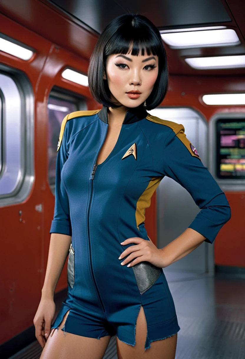  provocative, sexy, very sexy, flirtatious, arousing, revealing, sensuous, teasing ((ripped and torn open uniform 1.4)) ((on the bridge of the enterprise 1.3) ((wearing star trek original series 70s one piece sexist sexy short mini dress bridge crew uniform ripped)) ((dress is too short 1.5)) ((sexy hot pants, sexy ripped jump suit)) ((ripped 1.5))  (asian-european, half-asian crew member with bob haircut and slim figure) ((in the style of a retro-futuristic, retro-scifi film set) ((in the style of a 70s erotic movie, soft focus, cinematic, pulp, porn, retro porn, 1970s film) ((ultra realistic, detailed and dynamic)) (nikon d850 film 4 kodak portra 400 camera f1.6 lens, rich colors, hyper realistic, lifelike texture, dramatic lighting, cinestill 800 tungsten, (RAW photo, nikon, 8k, Super detailed, advanced details, intricate details, Super detailed), (award winning photo, masterpiece), (photo-realistic) ((anatomically correct, High precision human body, highly detailed face, realistic skin)) Lighting: Face lighting, Ray tracing, reflective light, Structurally correct)