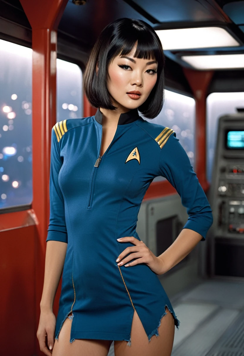 provocative, sexy, very sexy, flirtatious, arousing, revealing, sensuous, teasing ((ripped and torn open uniform 1.4)) ((on the bridge of the enterprise 1.3) ((wearing star trek original series 70s one piece sexist sexy short mini dress bridge crew uniform ripped)) ((dress is too short 1.5)) ((sexy hot pants, sexy ripped jump suit)) ((ripped 1.5)) (asian-european, half-asian crew member with bob haircut and slim figure) ((in the style of a retro-futuristic, retro-scifi film set) ((in the style of a 70s erotic movie, soft focus, cinematic, pulp, porn, retro porn, 1970s film) ((ultra realistic, detailed and dynamic)) (nikon d850 film 4 kodak portra 400 camera f1.6 lens, rich colors, hyper realistic, lifelike texture, dramatic lighting, cinestill 800 tungsten, (RAW photo, nikon, 8k, Super detailed, advanced details, intricate details, Super detailed), (award winning photo, masterpiece), (photo-realistic) ((anatomically correct, High precision human body, highly detailed face, realistic skin)) Lighting: Face lighting, Ray tracing, reflective light, Structurally correct)