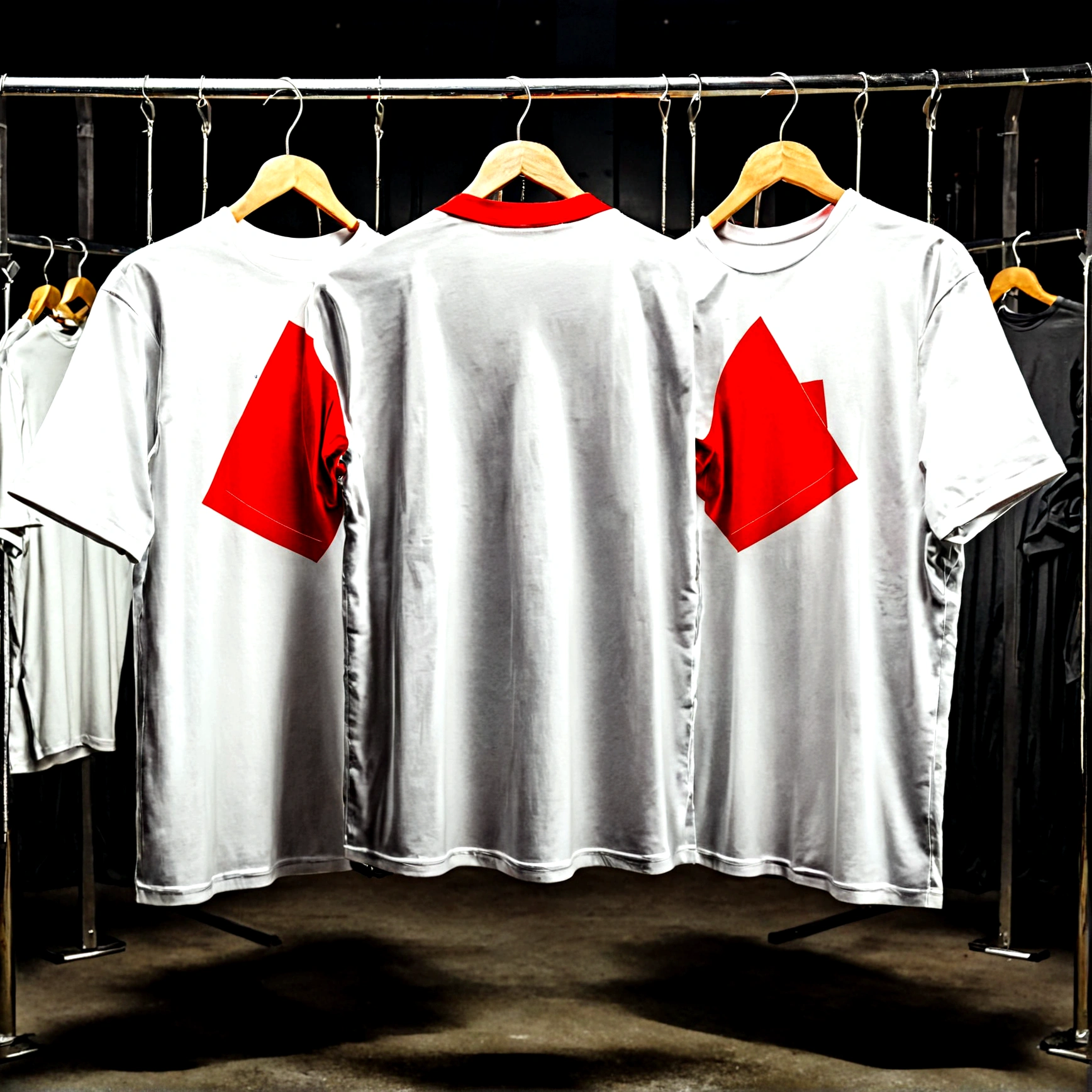 a mockup of plain white oversized gym t-shirts hanging on hangers, focusing on the back. The image should show t-shirts hanging, highlighting the back part, with a dark gym/factory background to make the t-shirts stand out. The featured t-shirt should show the back, while the others should be shown from the front. Additionally, the image should allow for easy addition of designs or images on the t-shirts in the mockup. The t-shirts should be well-defined and high-resolution. The primary focus should be on the back of the t-shirts