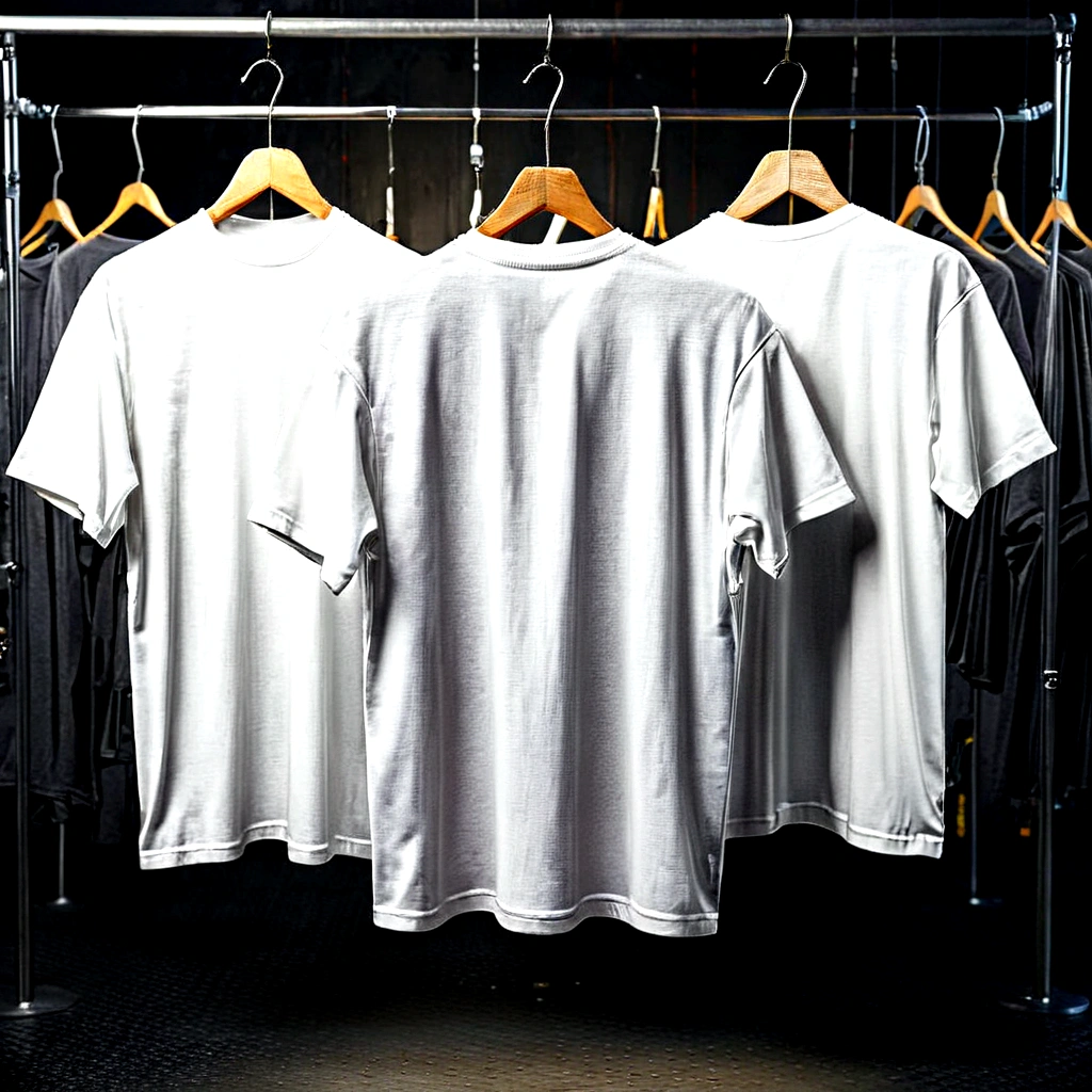 a mockup of plain white oversized gym t-shirts hanging on hangers, focusing on the back. The image should show t-shirts hanging, highlighting the back part, with a dark gym/factory background to make the t-shirts stand out. The featured t-shirt should show the back, while the others should be shown from the front. Additionally, the image should allow for easy addition of designs or images on the t-shirts in the mockup. The t-shirts should be well-defined and high-resolution. The primary focus should be on the back of the t-shirts