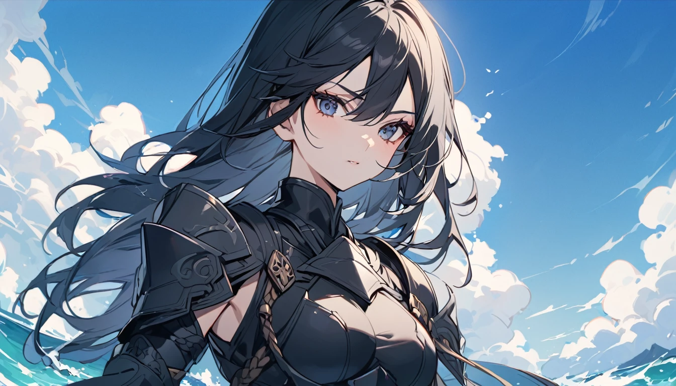 this is a lady posed in a cartoon image wearing a suit of armor, 1girl, breasts, solo, blue eyes, black hair, cleavage, looking at viewer, gloves, covered navel, jacket, bodysuit, black bodysuit
