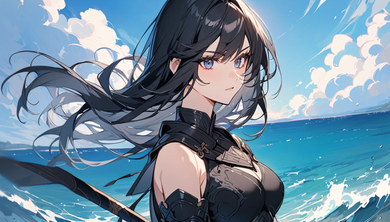 Female warrior with long black hair and wearing black armor, beautiful woman, blue background, sea, sky,