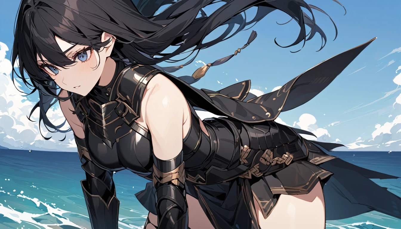 Female warrior with long black hair and wearing black armor, beautiful woman, blue background, sea, sky,