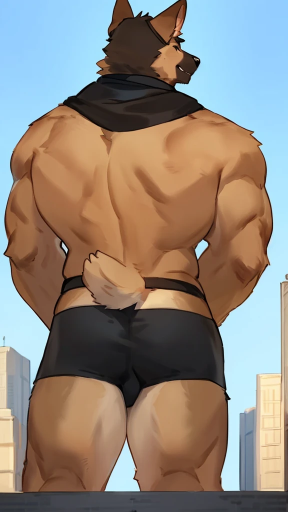 By bebebebebe, by lostgoose, by goonie-san, solo, ((snout, ears)), canine, ( German Shepherd ), male, smirking, (bodybuilder, muscular), only Black Underwear and Black Bandana And Back turn Black Cap, Showing fur Body, his a Macro Furry, Behind him a City 