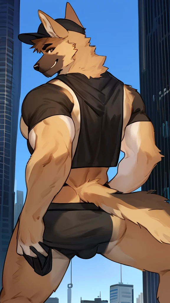 By bebebebebe, by lostgoose, by goonie-san, solo, ((snout, ears)), canine, ( German Shepherd ), male, smirking, (bodybuilder, muscular), only Black Underwear and Black Bandana And Back turn Black Cap, Showing fur Body, his a Macro Furry, Behind him a City