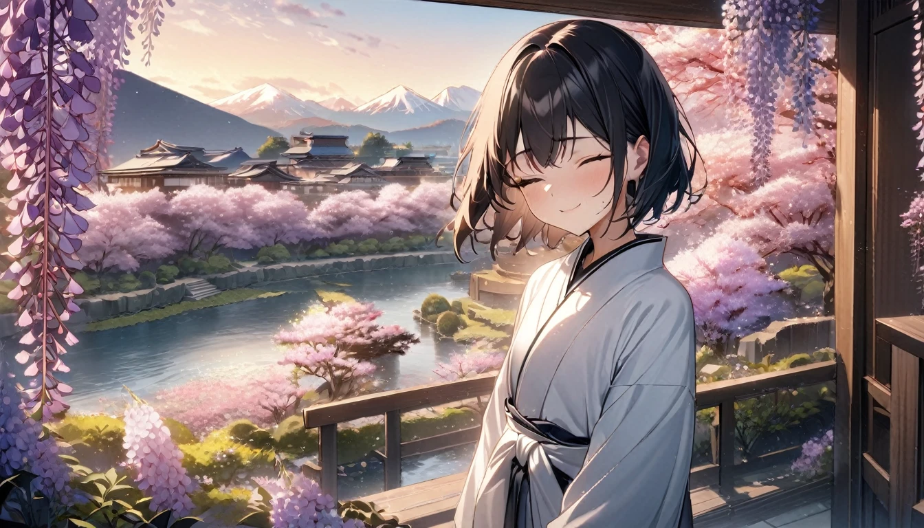 1girl, solo, flat chest, short hair, black hair, standing, gentle smile on her face((masterpiece, illustration, best quality), eyes closed, ((best quality)), ((masterpiece)), mdjrny-pprct, japanese architecture, Sakura, wisteria, flower garden, mountains and rivers, Clouds (high detial: 1.2)、evening glow, white japenese robe (white)