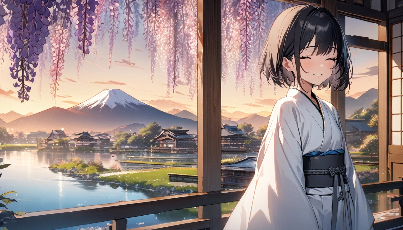 1girl, solo, flat chest, short hair, black hair, standing, gentle smile on her face((masterpiece, illustration, best quality), eyes closed, ((best quality)), ((masterpiece)), mdjrny-pprct, japanese architecture, Sakura, wisteria, flower garden, mountains and rivers, Clouds (high detial: 1.2)、evening glow, white japenese robe (white)