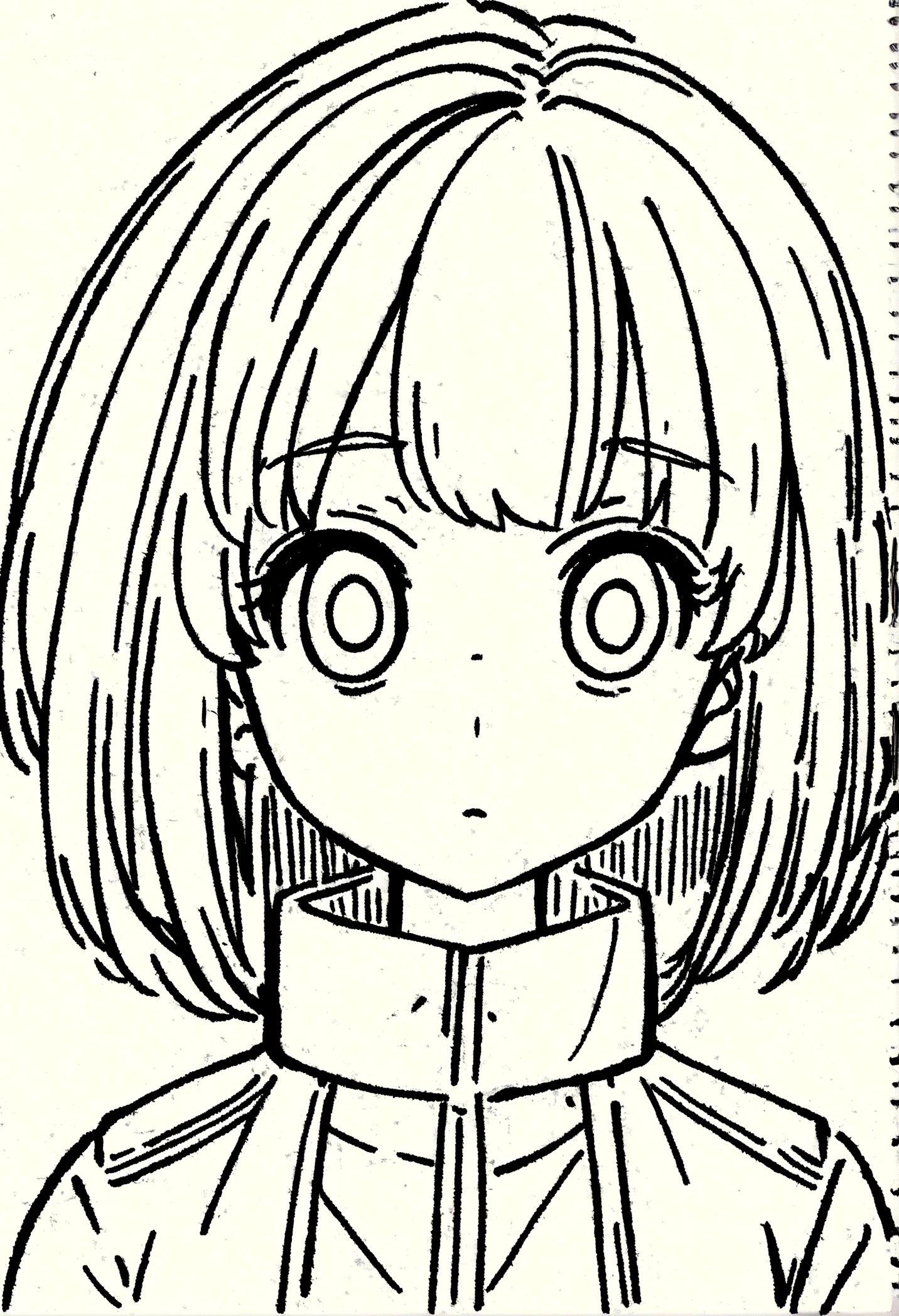 Drawing of a girl with short hair and a jacket., line drawing!!, line drawing, thick black linear, his manga portrait, detailed anime soft face, sketchy art style, animated sketch, old sketch, detailed anime face, in an anime style, thick lines, line art, heavy eyes to the side, ((rosa)) Eyes a little slanted