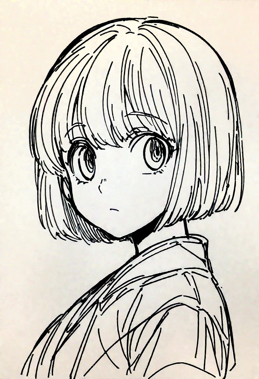 Drawing of a girl with short hair and a jacket., line drawing!!, line drawing, thick black linear, his manga portrait, detailed anime soft face, sketchy art style, animated sketch, old sketch, detailed anime face, in an anime style, thick lines, line art, heavy eyes to the side, ((rosa)) Eyes a little slanted