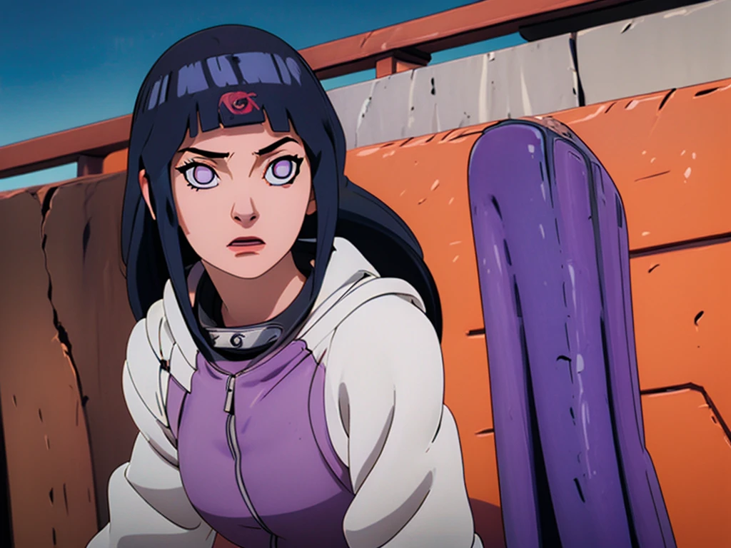 hinata hyuga, stand, lilac jacket, black long hair, with Red Mangekyou Sharingan Eyes