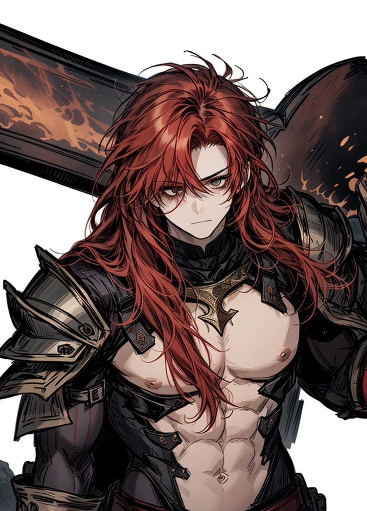 1boy, red hair, Long hairstyle, exposed torso, fire knight, legendary weapon ,beautiful clothes,(masterpiece, best quality), calm,muscular, aura of fire