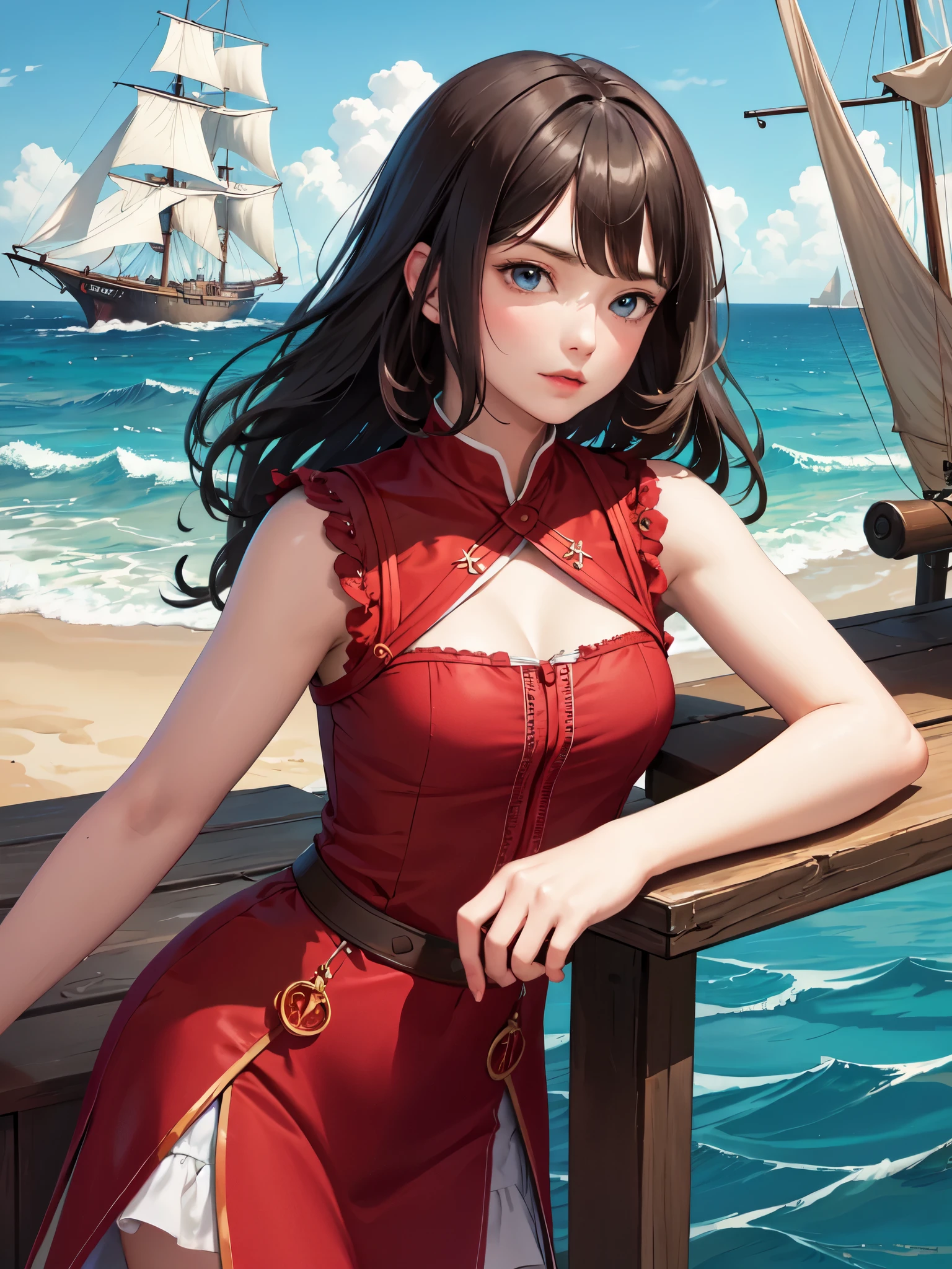 (masterpiece, super high quality, Very detailed), Sleeveless clothing,landscape, Young girl, absolute, Scarlet Sails, Girl looking at the sea from the beach, Camera staring at the sea, Intricate details, sailing ship with Scarlet Sails, A scene from an Alexander Green novel "Scarlet Sails"