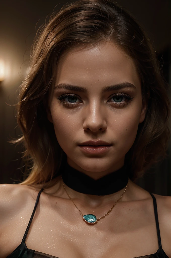 A beautiful blonde woman in an elegant pose, with brown/green eyes, blonde hair, golden necklace, in a nightclub, (best quality,4k,8k,highres,masterpiece:1.2),ultra-detailed,(realistic,photorealistic,photo-realistic:1.37),intricate details,high quality lighting,cinematic lighting,dramatic lighting,chiaroscuro lighting,moody lighting,glowing skin,flawless skin,detailed facial features,long eyelashes,full lips,expressive eyes,graceful posture,elegant black dress,shimmering dress,dramatic expression,cinematic composition,rich color palette, volumetric fog,depth of field