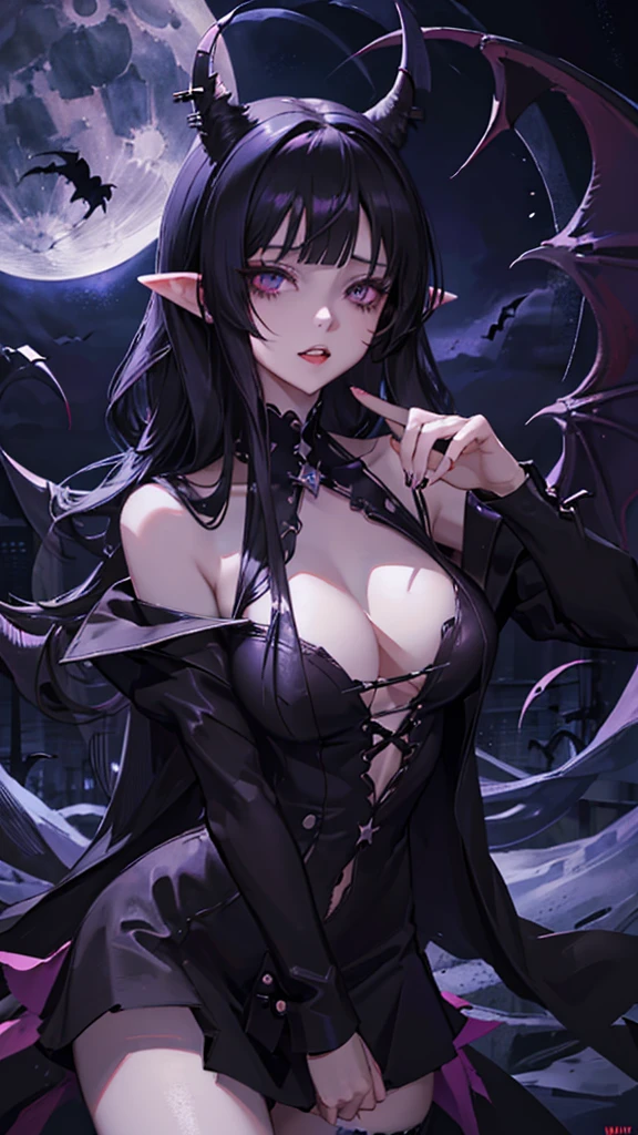 (Moonlight night), sex, hentai, , A vampire, Dark Gothic, black, (black hair), asymmetrical bangs, Blunt bangs, straight hair, Long sideburns, Devil girl, Eyes purple, tooth, Orgasm, the power of darkness, cowboy shot,
