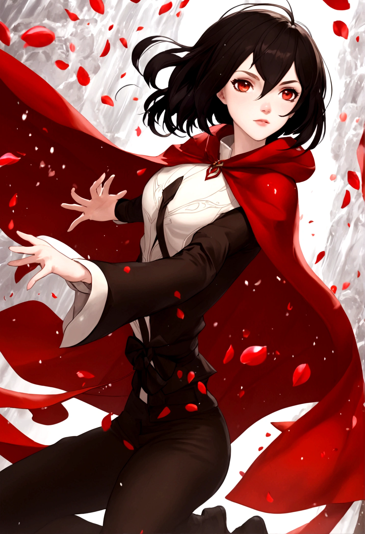 2girl, dynamic pose, (girl1: Short black hair, grey eyes, pale skin, red cape,) (girl2: Long brown hair, brown eyes, pale skin, white clothes.) Ruby rose from RWBY, simple backround, special effects, falling red petals, water droplets,