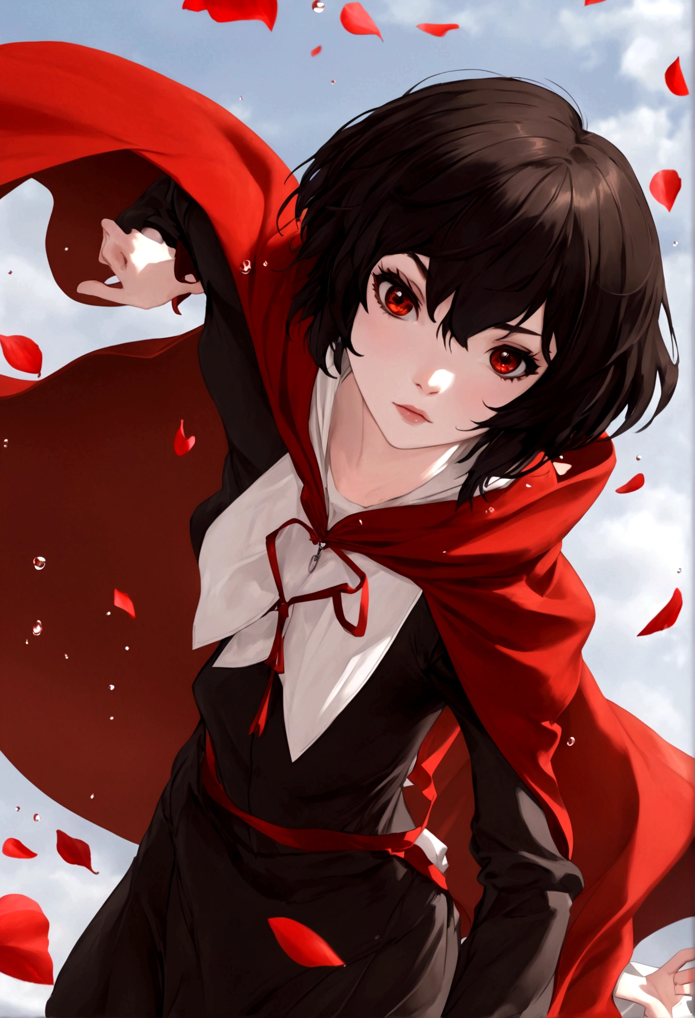 2girl, dynamic pose, (girl1: Short black hair, grey eyes, pale skin, red cape,) (girl2: Long brown hair, brown eyes, pale skin, white clothes.) Ruby rose from RWBY, simple backround, special effects, falling red petals, water droplets,