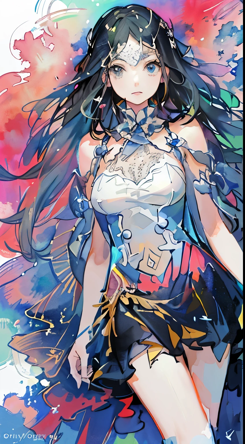 (masterpiece, top quality, best quality,watercolor (medium),official art, beautiful and aesthetic:1.2),(1girl:1.3), (fractal art:1.3), whole body, from 30-degrees angle, looking at viewer, patterns, silky hair ,water, liquid, cloud, short dress, starry, stars, sexy pose, red black and white, pastel colours