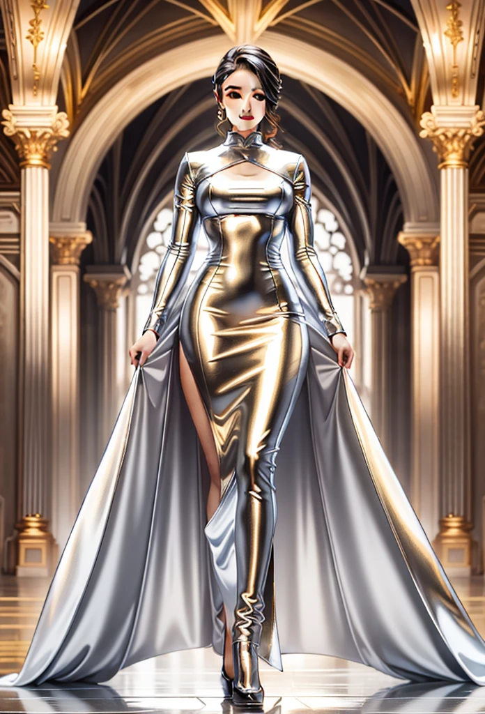 golden dress, chrome dress, long dress, golden chrome, high quality, 1woman, best quality, masterpiece, ultra-detailed, perfect body, pretty, 