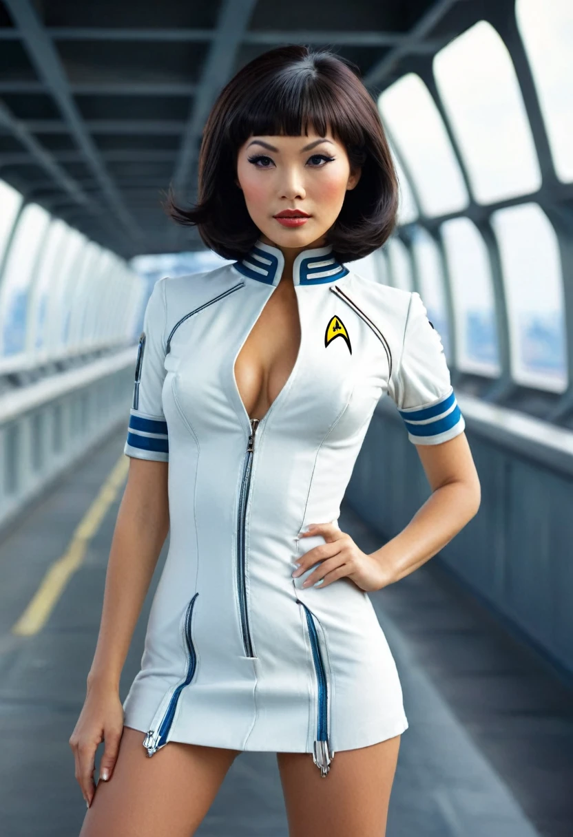provocative, sexy, very sexy, flirtatious, arousing, revealing, sensuous, teasing ((torn open uniform revealing skin 1.4)) ((clutching her torn clothes to her breasts 1.5)) ((on the bridge of the enterprise 1.3) ((wearing star trek original series 70s one piece sexist sexy short mini dress bridge crew uniform ripped)) ((dress is too short 1.5)) (asian-european, half-asian crew member with bob haircut and slim figure) ((in the style of a retro-futuristic, retro-scifi film set) ((in the style of a 70s erotic movie, soft focus, cinematic, pulp, porn, retro porn, 1970s film)
