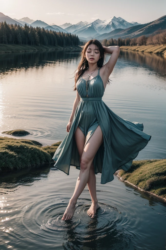 Create an ultra-realistic image that represents the concept of 'freedom.' The image should feature a person breaking free from chains, with a serene landscape in the background symbolizing peace and liberation. The person should have an expression of relief and joy, and the chains should be depicted as shattering into pieces, emphasizing the act of breaking free. The background should include elements like open skies, distant mountains, and a calm river, all symbolizing the vastness and tranquility associated with freedom. Use light and shadow to emphasize the emotional impact of the scene, capturing the transition from confinement to liberation. Ensure the overall quality is photorealistic, capturing every intricate detail of the person, the broken chains, and the serene environment.