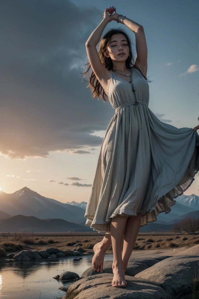 Create an ultra-realistic image that represents the concept of 'freedom.' The image should feature a person breaking free from chains, with a serene landscape in the background symbolizing peace and liberation. The person should have an expression of relief and joy, and the chains should be depicted as shattering into pieces, emphasizing the act of breaking free. The background should include elements like open skies, distant mountains, and a calm river, all symbolizing the vastness and tranquility associated with freedom. Use light and shadow to emphasize the emotional impact of the scene, capturing the transition from confinement to liberation. Ensure the overall quality is photorealistic, capturing every intricate detail of the person, the broken chains, and the serene environment.