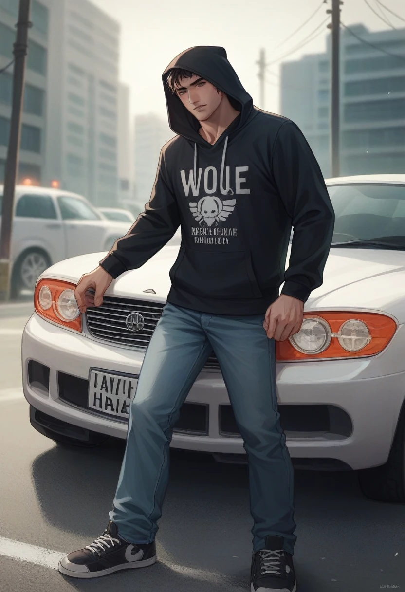 a man hemsem black wear hoodie white pop up name the t shirt "AWIE" 3D and blackground with car skyline