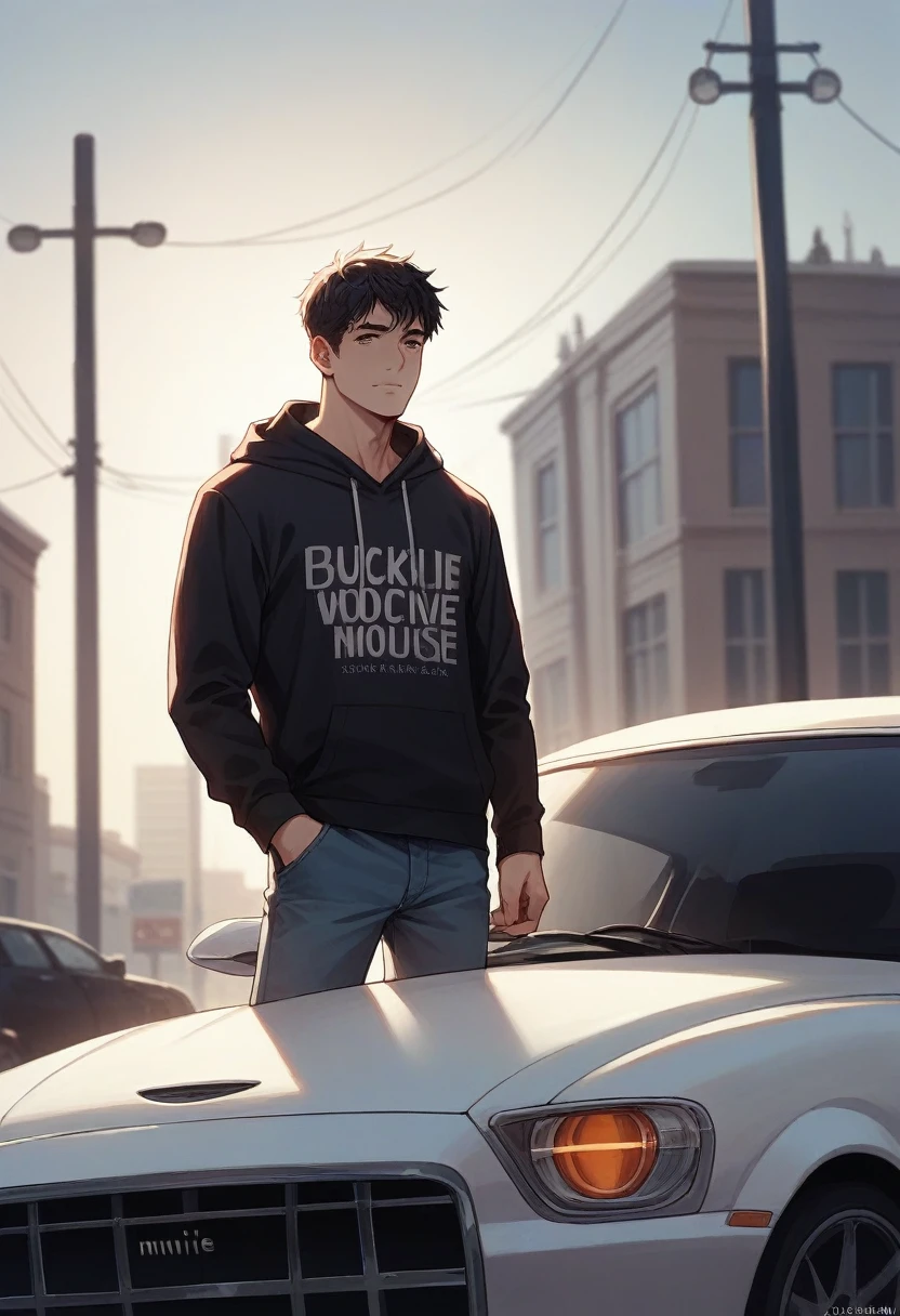 a man hemsem black wear hoodie white pop up name the t shirt "AWIE" 3D and blackground with car skyline
