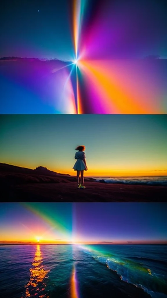 Space-time continuum dissolves as Delorean Volver al futuro, towards its spectral reflection on an playas hermosa de color azul, dia soleado, the cosmos enfolds in a spectacle of iridescent photons, a fusion of Reuben Wu's celestial grandeur and Yayoi Kusama's psychedelic wonder, as a radiant sunset unfurls upon the horizon's edge. (Medium complexity),