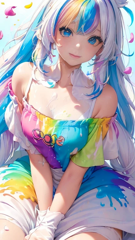 (Pink Fashion T-shirt:1.9),(Colorful hair: 1.8), (all the colours of the rainbow: 1.8),(((((vertical painting:1.6))), (painting:1.6),front, comics, illustrations, paintings, large eyes, crystal clear eyes,( rainbow color gradient high ponytail:1.7), exquisite makeup, closed mouth,(Small Fresh: 1.5),(Wipe Chest: 1.6) ,long eyelashes, white off shoulder T-shirt, White Shoulder Shirt,looking at the audience, large watery eyes, (rainbow colored hair:1.6), color splash, (solo:1.8), color splash, color explosion, thick paint style, messy lines, ((shining)),(colorful), (colorful), (colorful), colorful, Thick Paint Style, (Splash) (Color Splash), Vertical Painting, Upper Body, Paint Splash, Acrylic Pigment, Gradient, Paint, Highest Image Quality, Highest Quality, Masterpiece, Solo, Depth of Field, Face Paint, colorful clothes, (Elegant: 1.2), gorgeous,long hair, wind, (Elegant: 1.3), (Petals: 1.4),(((masterpiece))),(((best quality))),((ultra-detailed)),(illustration),(dynamic angle),((floating)),(paint),((disheveled hair)),(solo),(1girl) , (((detailed anima face))),((beautiful detailed face)),collar,bare shoulders,white hair, ((colorful hair)),((streaked hair)),beautiful detailed eyes,(Gradient color eyes),(((colorful eyes))),(((colorful background))),(((high saturation))),(((surrounded by colorful splashes))),