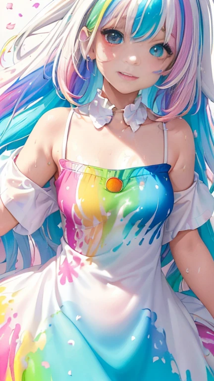 (Pink Fashion T-shirt:1.9),(Colorful hair: 1.8), (all the colours of the rainbow: 1.8),(((((vertical painting:1.6))), (painting:1.6),front, comics, illustrations, paintings, large eyes, crystal clear eyes,( rainbow color gradient high ponytail:1.7), exquisite makeup, closed mouth,(Small Fresh: 1.5),(Wipe Chest: 1.6) ,long eyelashes, white off shoulder T-shirt, White Shoulder Shirt,looking at the audience, large watery eyes, (rainbow colored hair:1.6), color splash, (solo:1.8), color splash, color explosion, thick paint style, messy lines, ((shining)),(colorful), (colorful), (colorful), colorful, Thick Paint Style, (Splash) (Color Splash), Vertical Painting, Upper Body, Paint Splash, Acrylic Pigment, Gradient, Paint, Highest Image Quality, Highest Quality, Masterpiece, Solo, Depth of Field, Face Paint, colorful clothes, (Elegant: 1.2), gorgeous,long hair, wind, (Elegant: 1.3), (Petals: 1.4),(((masterpiece))),(((best quality))),((ultra-detailed)),(illustration),(dynamic angle),((floating)),(paint),((disheveled hair)),(solo),(1girl) , (((detailed anima face))),((beautiful detailed face)),collar,bare shoulders,white hair, ((colorful hair)),((streaked hair)),beautiful detailed eyes,(Gradient color eyes),(((colorful eyes))),(((colorful background))),(((high saturation))),(((surrounded by colorful splashes))),