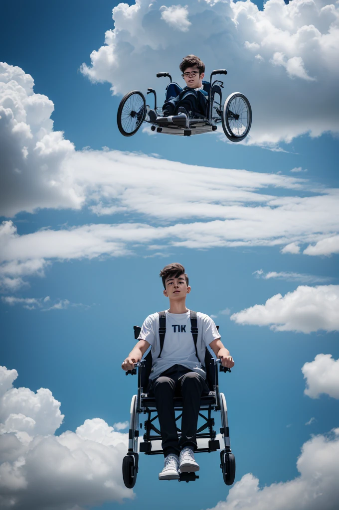 Young man in wheelchairs flying among the clouds ((8 k quality, high definition image))