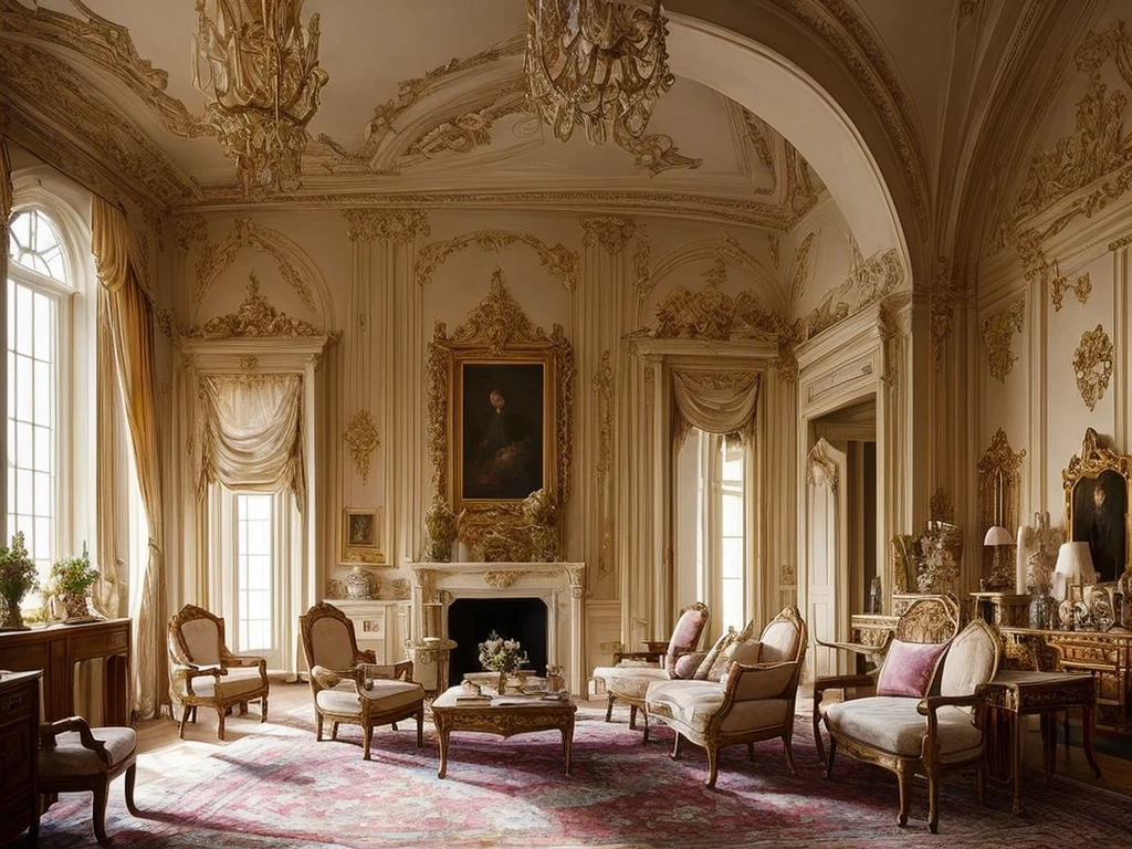 Castle interior with luxurious furniture, intricate design, fine details, high chaos, soft sunlight, dreamy pastel colors, Johan Grenier style, Alyssa Monks style