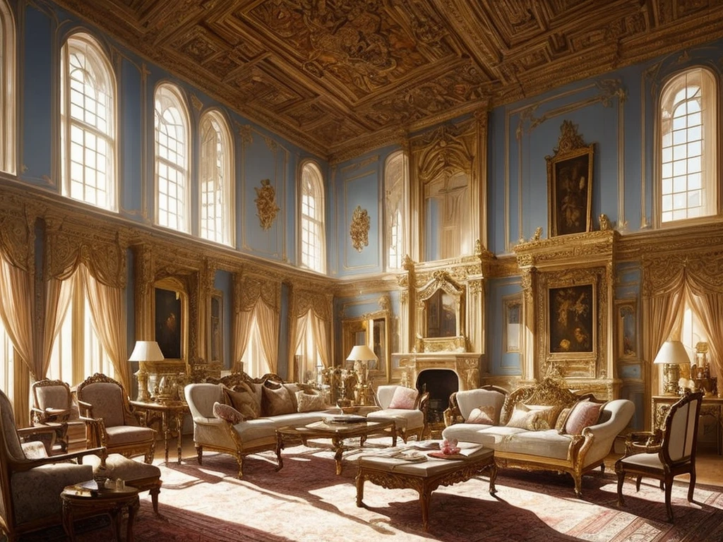 Castle interior with luxurious furniture, intricate design, fine details, high chaos, soft sunlight, dreamy pastel colors, Johan Grenier style, Alyssa Monks style