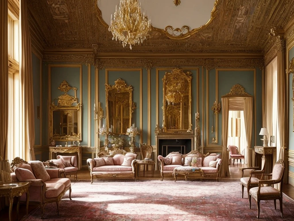 Castle interior with luxurious furniture, intricate design, fine details, high chaos, soft sunlight, dreamy pastel colors, Johan Grenier style, Alyssa Monks style