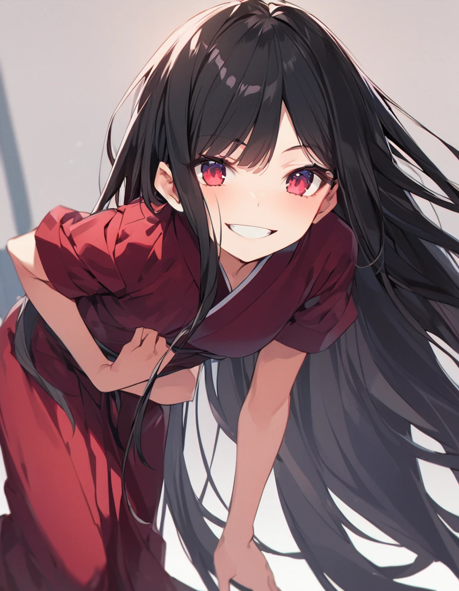Top Quality, Masterpiece, High Resolution, 8k, Luminous Red Shirt and Skirt Anime Style Small Loli, Single, Detailed Line Art, Bright White and Bright Amber Style, Digital Enhancement, Anime Core, Flowing Fabric, Close-up, Hair Length to Shoulder and Short Braid, Beautiful Black Hair, Smile, Looking Up Angle