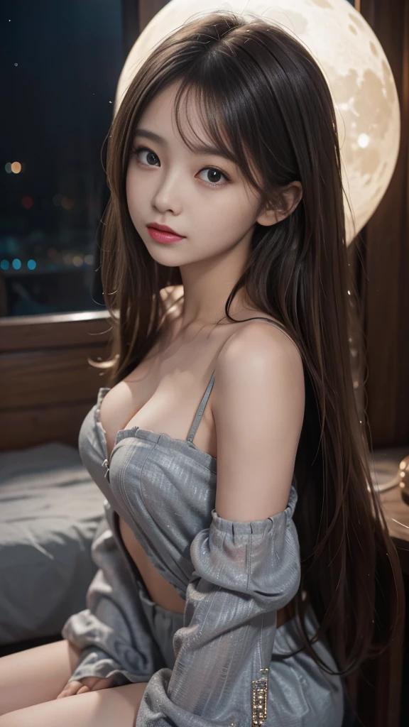 full hd 8k, Girl standing in front of a dark night scene, full moonlight reflecting on her beautiful face. Her long, silky hair was gently blown by the night wind, creating a gentle and romantic feeling. She is walking on a large beach. She looked up at the starry sky, as if searching for something, her eyes showing a pensive and lonely look. The full moon shines in the night sky creating a beautiful scene. The girl has long, strands of hair, Light blonde hair, a luxurious and noble beauty. The moonlight shines on the girl's delicate face, highlighting her large, round light brown eyes, creating a natural, gentle beauty. She wore a mini dress to create a sexy beauty. These images capture detailed panoramic portraits and views of the sky and sea. All create a beautiful, wonderful picture that makes people unable to take their eyes off the scene. All of these details are depicted clearly and sharply,
