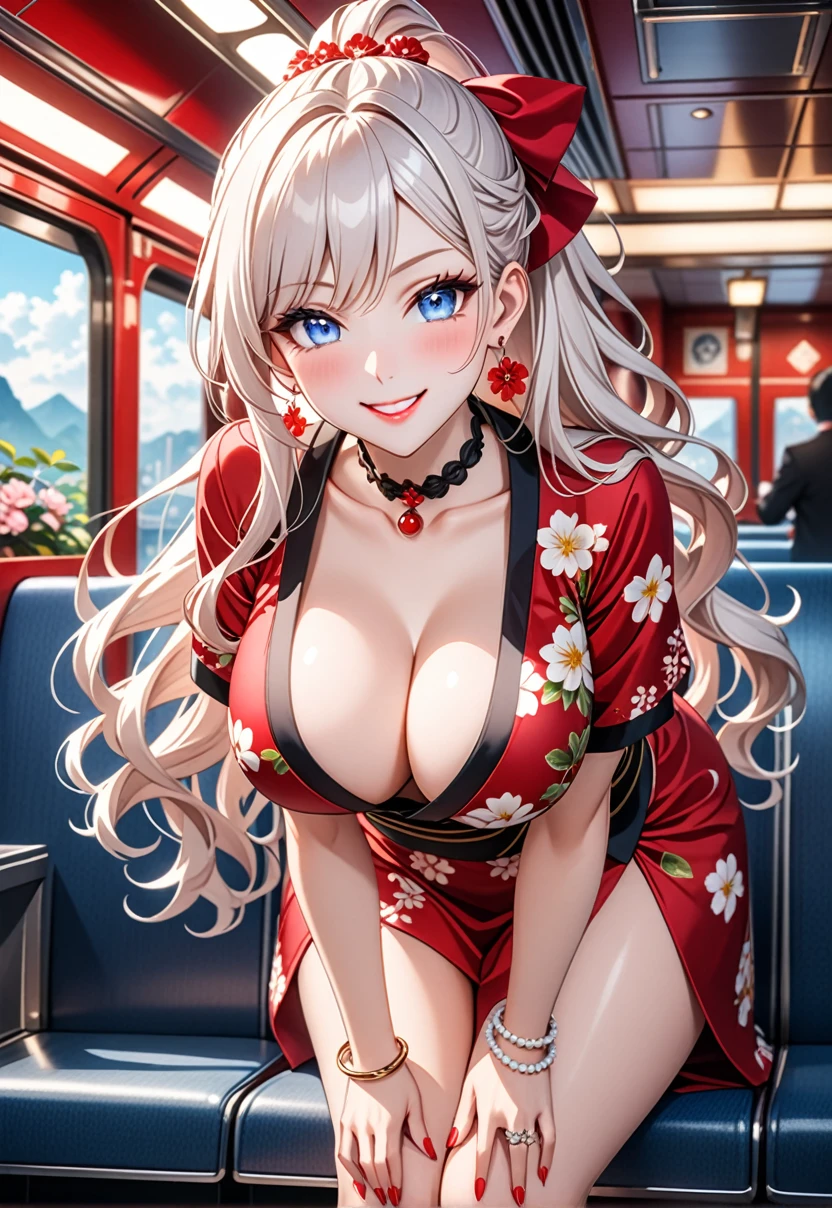 ultra-detailed, ((one girl)), (pale skin:1.3), gyaru, ((blue eyes)), (heavy makeup), hyper detailed, absurdres, 8K, Beautiful Face, (Laugh shyly), ((teasing smile:1.8)), ((Wink:1.7)), (Laugh with your mouth wide open),((Tilt your head:1.6)), View your viewers, ((Bright red cheeks:1.6)),Glossy Red Lips, ((Big Breasts:1.5)), (show off breast), noon, on the train, (Brighten your face), ((Anime style background)),masterpiece, Highest quality, so beautiful,Latest, Complex details, (Pink long nails), (nail art), (ring),(bracelet), (Floral Choker),AI-generated, Complex,High resolution, Highest quality, super high quality,3D Images、3D Images,One person,Long white hair,(High Ponytail), (wavy hair:1.2), White haired anime woman posing for a photo, ((Fine grain、blue eyes、glowing eyes:1.4)), (Squint your eyes:1.1),a hyperRealistic , hyperRealistic , Realistic,Anime woman with long white hair, Smooth anime CG art, A girl in a gorgeous black kimono, ((Black furisode)),(Red large floral pattern), ((undressing:1.2)), Long flower hair ornament,Floral Earrings,Mature Body, tall,Narrow waist, Sit in your seat, ((leaning forward:1.5), ((front view)),