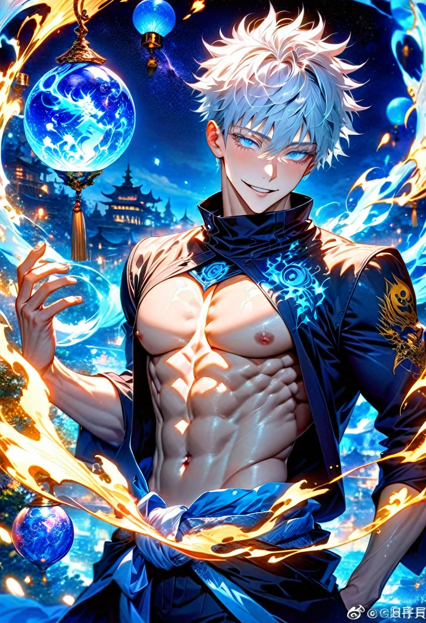 absurdres, highres, ultra detailed, HDR, master piece, best quality, detailed face, Gojou Satoru, white hair, with bangs, expressive blue eyes, white eyelashes, Jujutsu Kaisen, solo, sexy man, handsome, horny, toned chest, handsome smile, black clothes, fantasy, magic world, blue lightning, envy magical, blue moon, blue lanterns, blue spheres, blue dust, starry sky