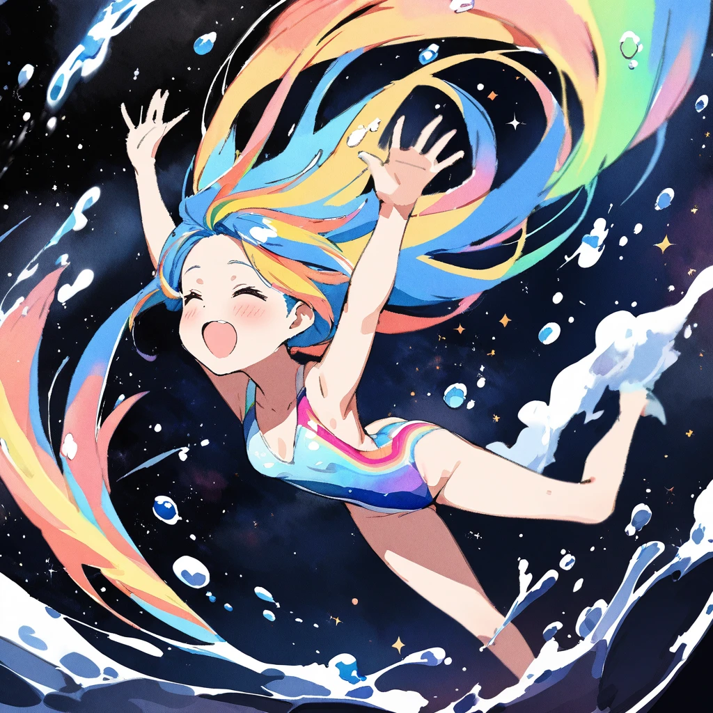 Top quality, masterpiece, watercolor style, swimming girl, rainbow colored hair, space style swimsuit, beautiful water splashes, outer space, beautiful galaxy, water drops,backstroke