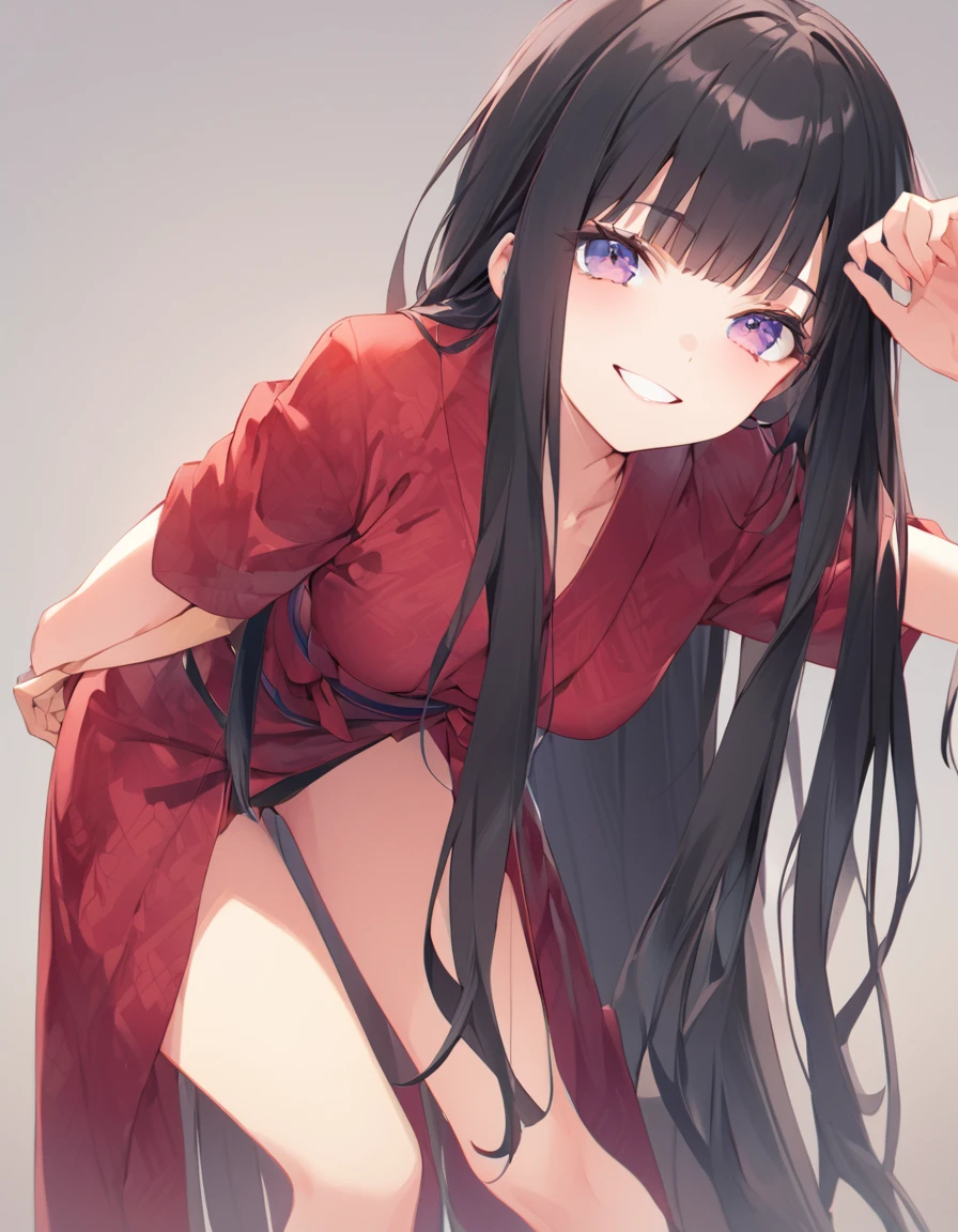 Original Costume、1 girl、solo、Wicked Smile、Put your arms back、Looking at the camera、Leaning forward、She is wearing a skimpy red yukata.、Women with very long hair　28 years old　Iris　Red and black hair　It&#39;s small　Hair longer than height　Accurate needle
