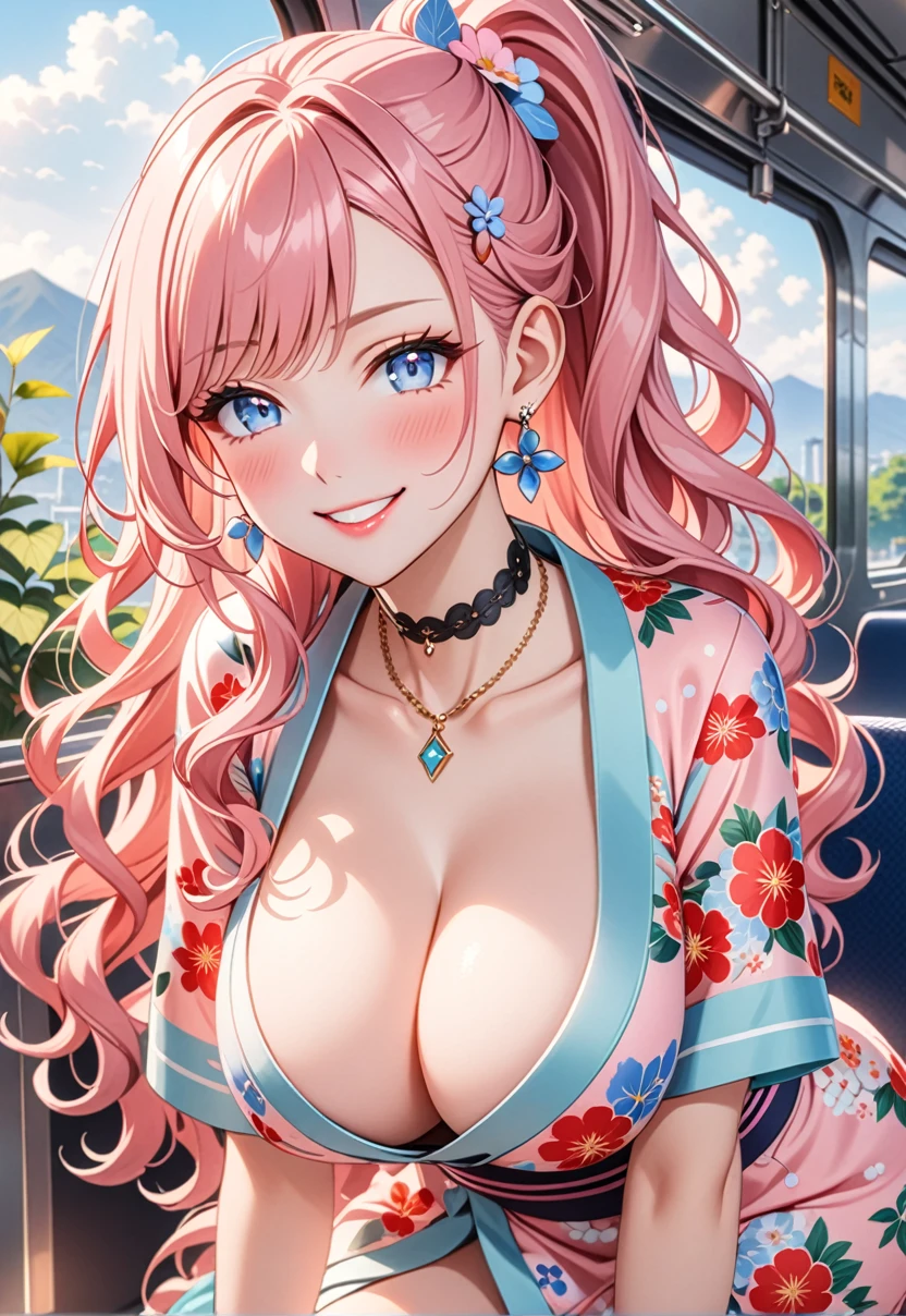 ultra-detailed, ((one girl)), (pale skin:1.3), in pastel colors gyaru, (heavy makeup), hyper detailed, absurdres, 8K, Beautiful Face, (Laugh shyly), ((teasing smile:1.8)), ((Wink:1.7)), (Laugh with your mouth wide open),((Tilt your head:1.6)), View your viewers, ((Bright red cheeks:1.6)),Glossy Red Lips, ((Big Breasts:1.5)), (show off breast), noon, on the train, (Brighten your face), ((Anime style background)),masterpiece, Highest quality, so beautiful,Latest, Complex details, (Pink long nails), (nail art), (ring),(bracelet), (Floral Choker),AI-generated, Complex,High resolution, Highest quality, super high quality,3D Images、3D Images,One person,Pastel pink long hair,(High Ponytail), (wavy hair:1.3), Pastel anime woman posing for a photo, ((Fine grain、blue eyes、glowing eyes:1.4)), (Squint your eyes:1.1),a hyperRealistic , hyperRealistic , Realistic,Anime woman with long pastel pink hair, Smooth anime CG art, A girl in a gorgeous pastel-colored kimono, ((Pastel-colored furisode)),(Pink large floral pattern), ((undressing:1.2)), Long flower hair ornament,Floral Earrings,Mature Body, tall,Narrow waist, Sit in your seat, ((leaning forward:1.5), ((front view)),