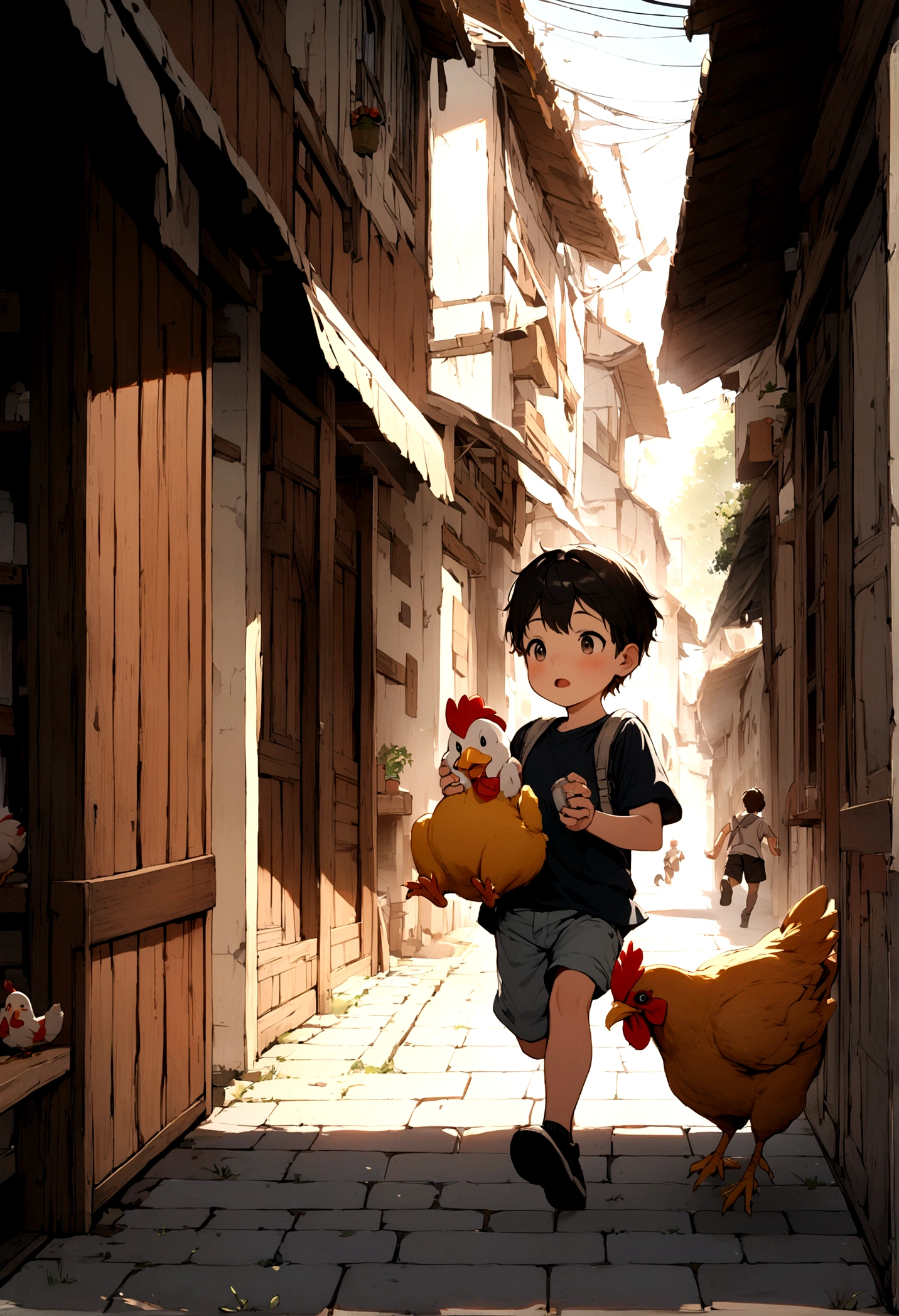 A boy running with a dick in his hand and a chicken running after the boy 