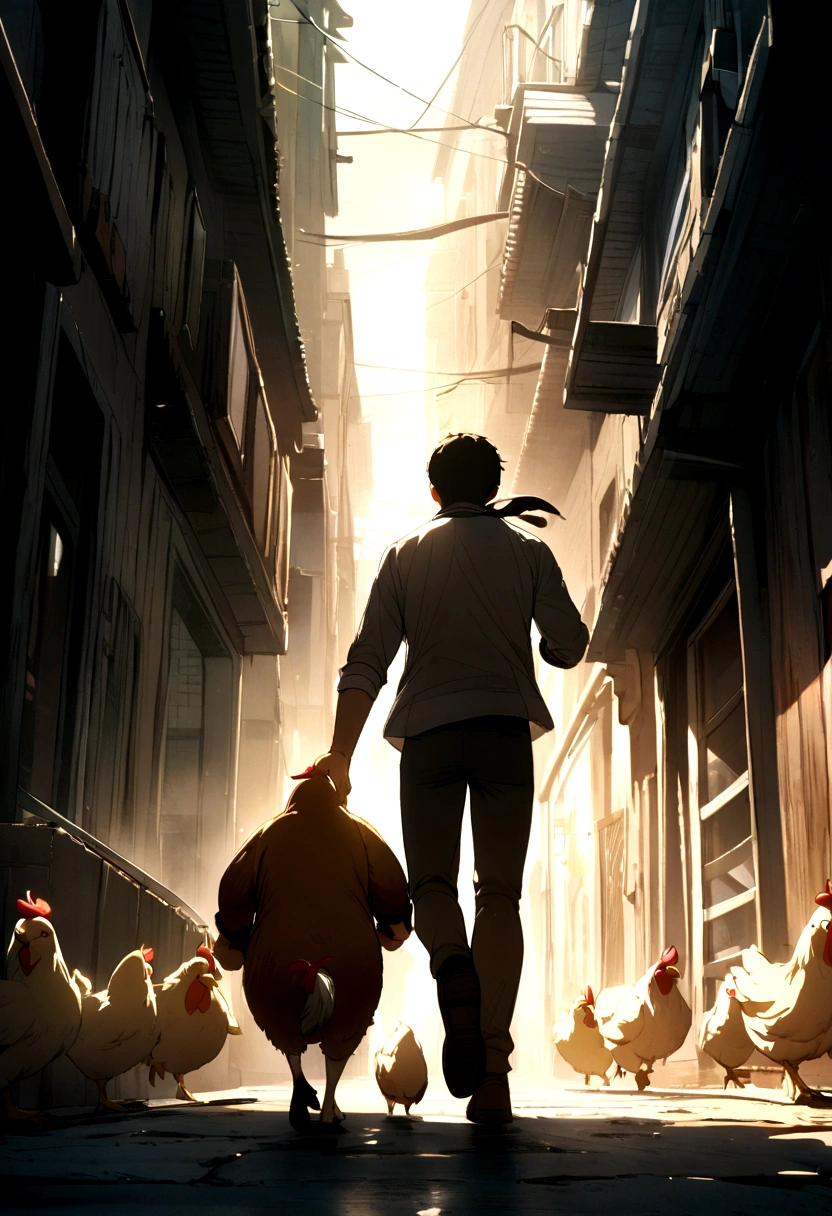 A boy running with a dick in his hand and a chicken running after the boy