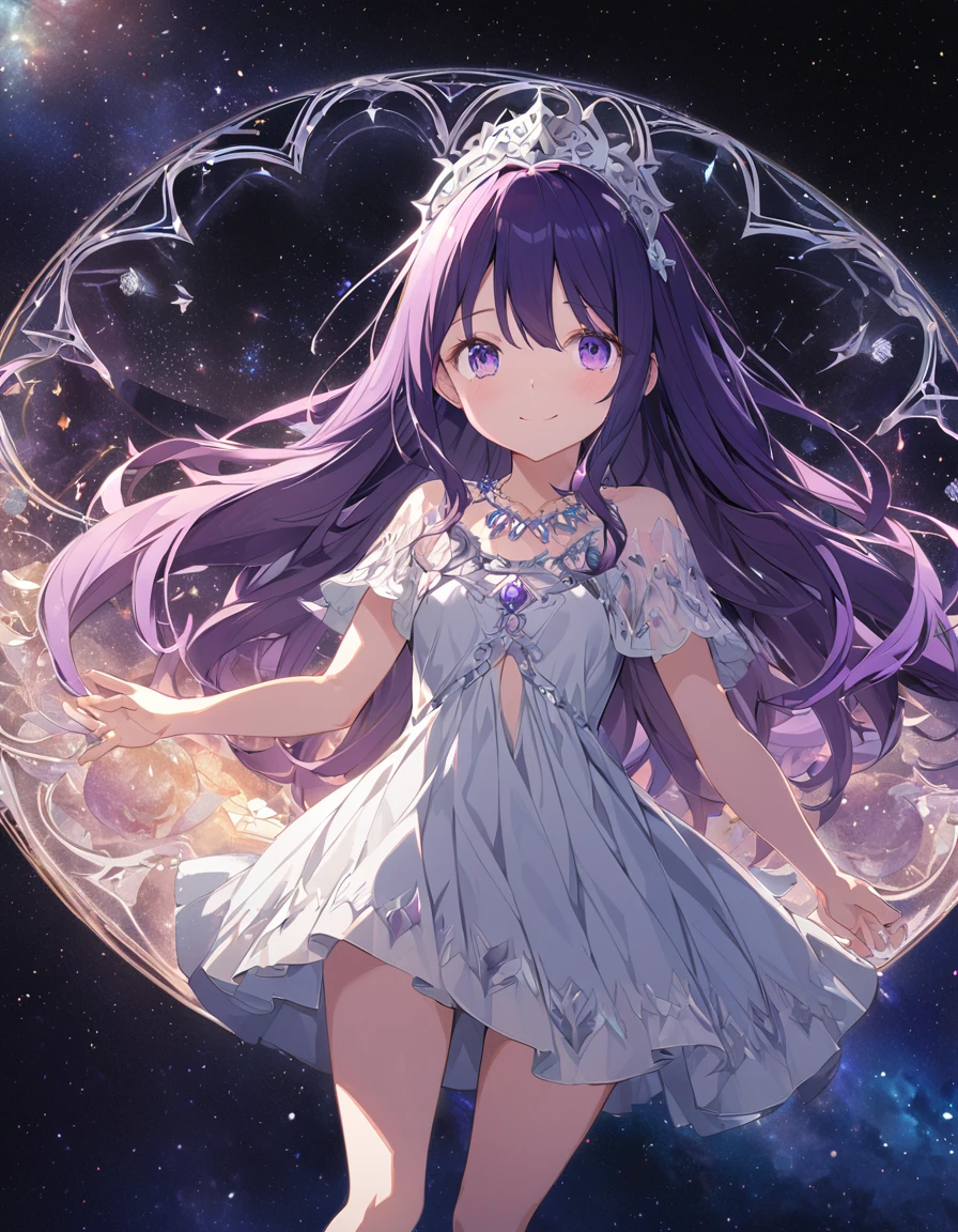 photograph、water、8age、high resolution、quality、Real masterpieces, Highest quality, Highly detailed shape,1 Girl,alone, Image body, flower, Looking at the audience、 Purple eyes, Jewel-like eyes, Very beautiful eyes, Highly detailed face、universe (null), constellation, Purple Energy、 meteor、Shiny, straight, long hair down to the waist, Beautiful shiny bangs、16k、24k、