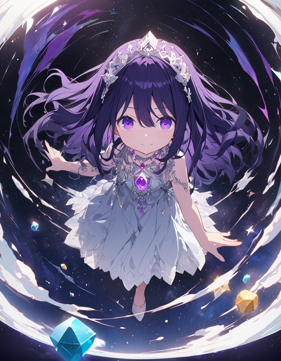 Best Quality, (Extremely detailed:1.2), Mastepiece, Fine details, Extremely detailed wallpaper, (It is high resolution.:1.2), (Extremely detailed CG unity 8k wallpaper), (illustration:1.3), (Medium Full Shot), (Full Body:1.3), \[(Solo), (One girl), Standing in the middle of a giant (Magic Circle:1.2), Long purple hair, Straight Hair, (Hair above one eye:1.Urupurueyes, Beautiful eyes, Beautiful Eyes, Clean face, Beautiful expression, Silver headdress, Light blue revealing dress, Crystal Necklace, A shy smile (In space:1.2), Sacred, A starry sky,Dark purple hair　Purple eyes　Accurate Fingers
