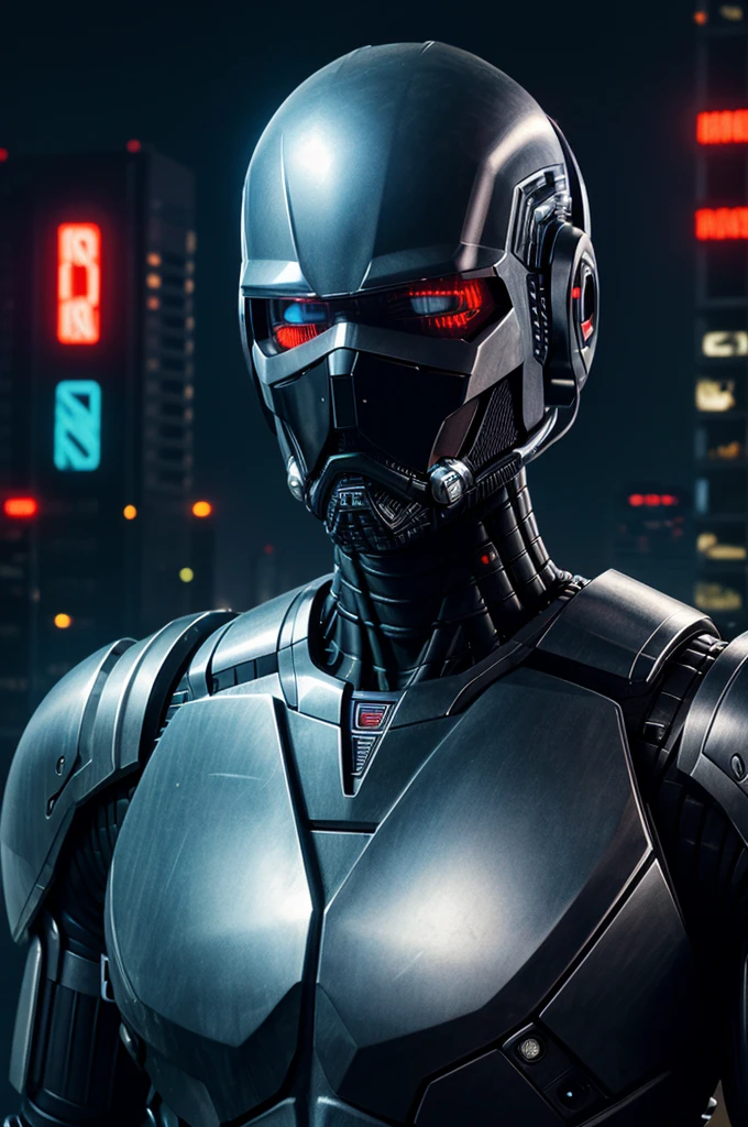 Create a detailed digital illustration of RoboCop. He should be facing forward, with a futuristic, sleek mask covering his face. The background should be a cyberpunk cityscape, with neon lights reflecting off his metallic armor. His eyes, visible through the mask, should have a piercing, intense look. The overall mood should be dark and gritty, capturing the essence of a dystopian future."